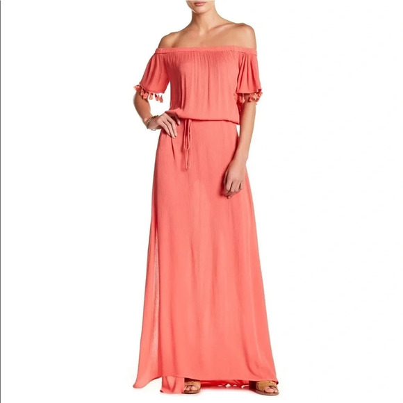 On the Road Copa Off-The-Shoulder Maxi Dress Coral - Picture 1 of 6